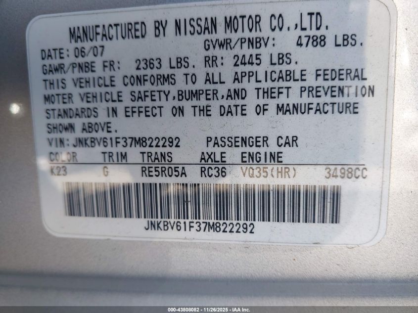2007 Infiniti G35X VIN: JNKBV61F37M822292 Lot: 43808082