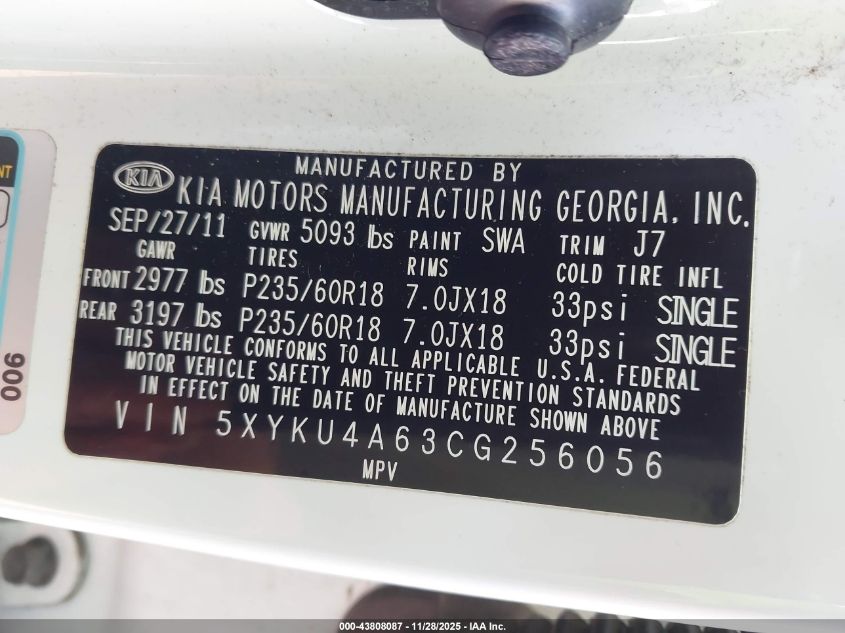 2012 Kia Sorento Ex VIN: 5XYKU4A63CG256056 Lot: 43808087