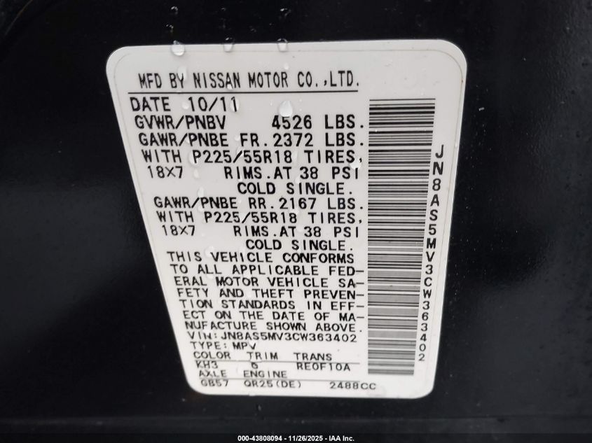 2012 Nissan Rogue Sv W/Sl Pkg VIN: JN8AS5MV3CW363402 Lot: 43808094