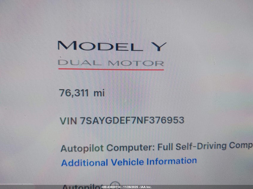 2022 Tesla Model Y Performance Dual Motor All-Wheel Drive VIN: 7SAYGDEF7NF376953 Lot: 43808114