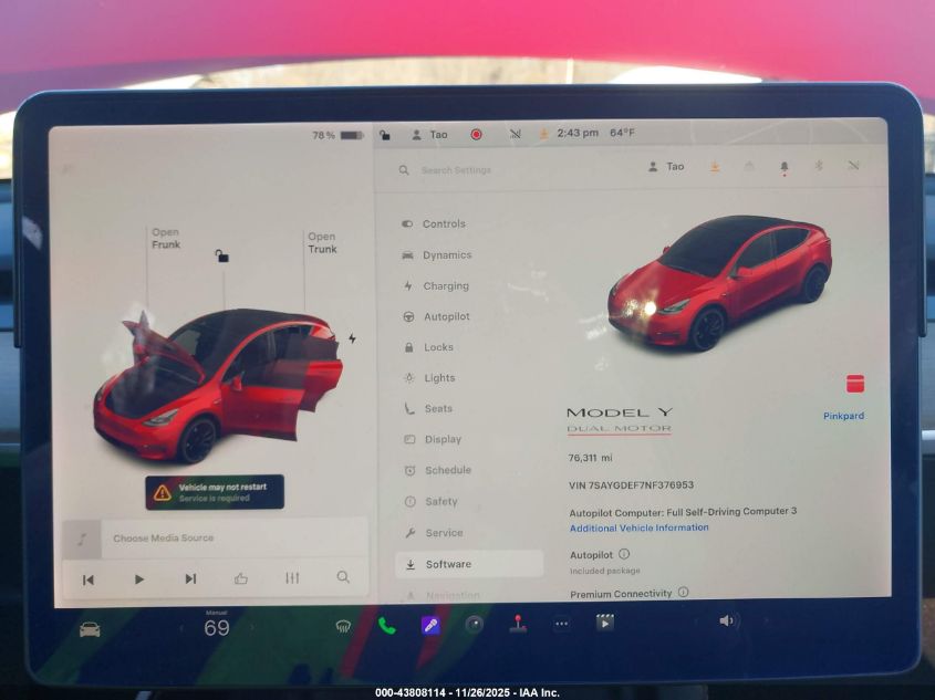 2022 Tesla Model Y Performance Dual Motor All-Wheel Drive VIN: 7SAYGDEF7NF376953 Lot: 43808114