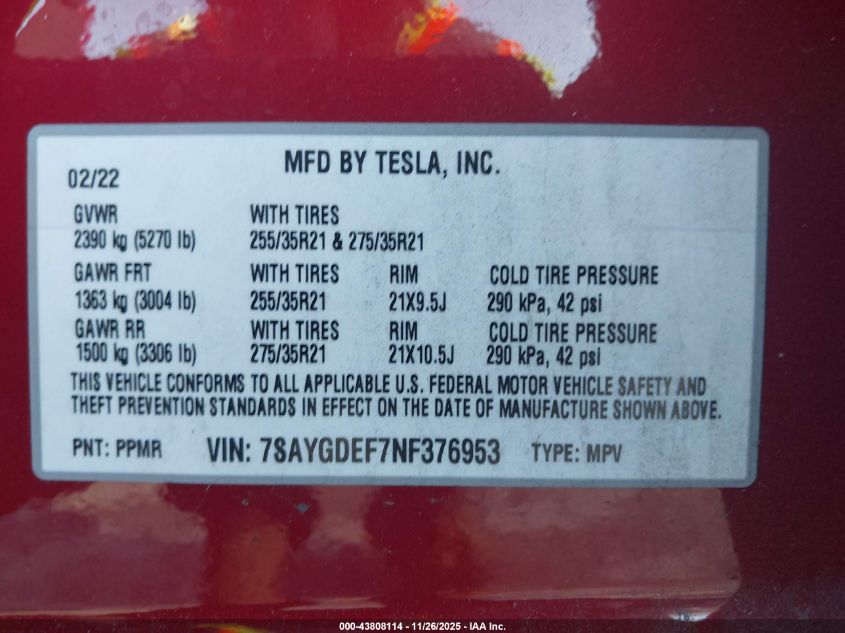 2022 Tesla Model Y Performance Dual Motor All-Wheel Drive VIN: 7SAYGDEF7NF376953 Lot: 43808114