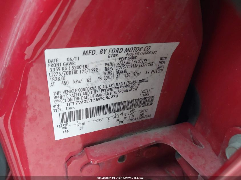 2011 Ford F-250 Lariat VIN: 1FT7W2BT3BEC85279 Lot: 43808119