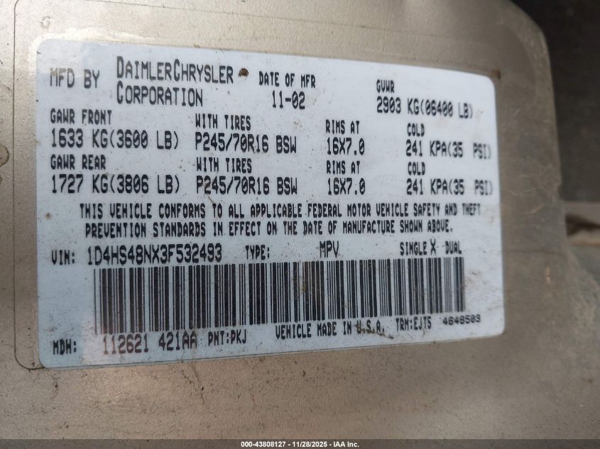 2003 Dodge Durango Slt VIN: 1D4HS48NX3F532493 Lot: 43808127