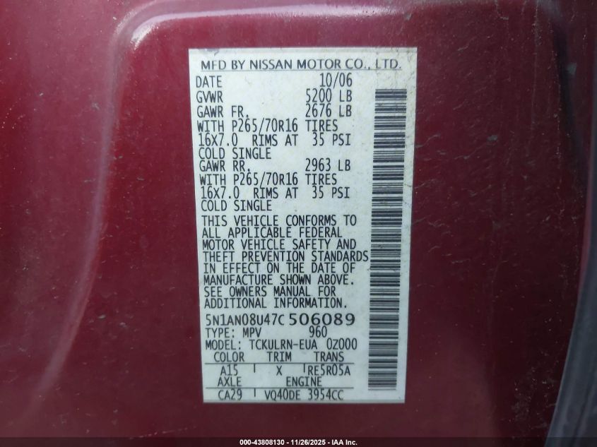 2007 Nissan Xterra S VIN: 5N1AN08U47C506089 Lot: 43808130
