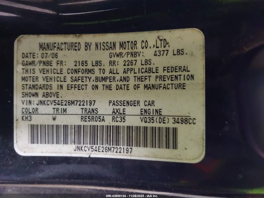 2006 Infiniti G35 VIN: JNKCV54E26M722197 Lot: 43808134