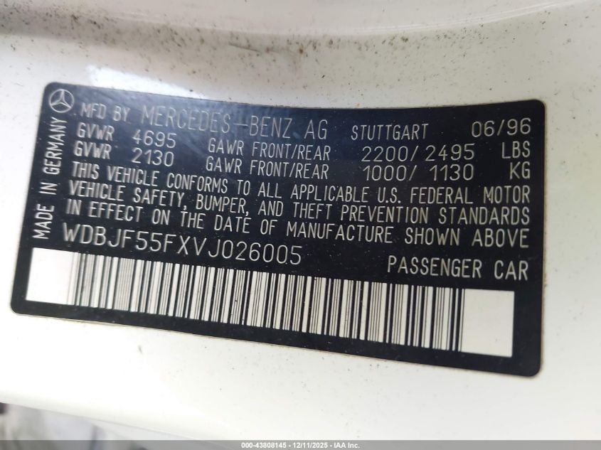 1997 Mercedes-Benz E 320 VIN: WDBJF55FXVJ026005 Lot: 43808145