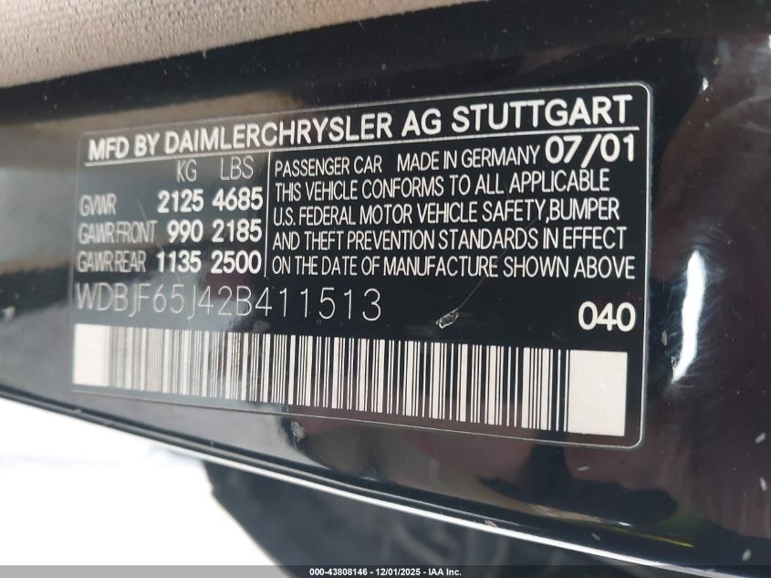 2002 Mercedes-Benz E 320 VIN: WDBJF65J42B411513 Lot: 43808146