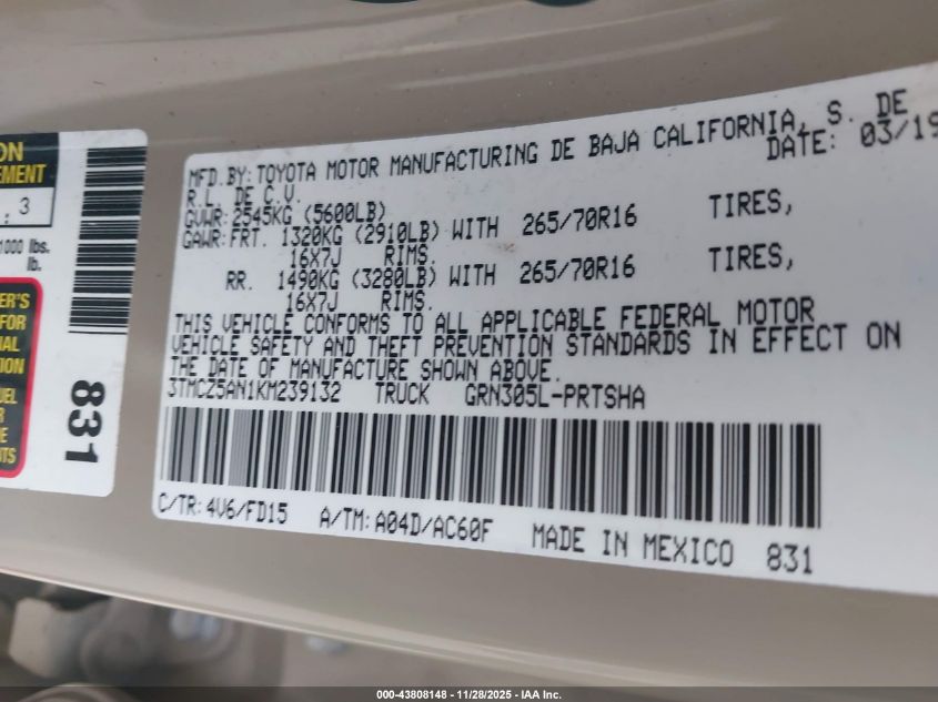 2019 Toyota Tacoma Trd Off Road VIN: 3TMCZ5AN1KM239132 Lot: 43808148