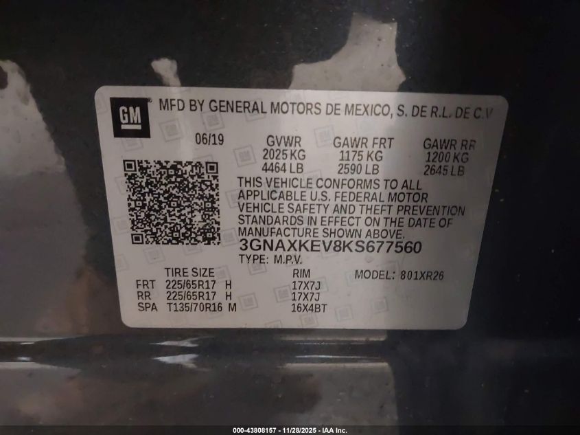 2019 Chevrolet Equinox Lt VIN: 3GNAXKEV8KS677560 Lot: 43808157