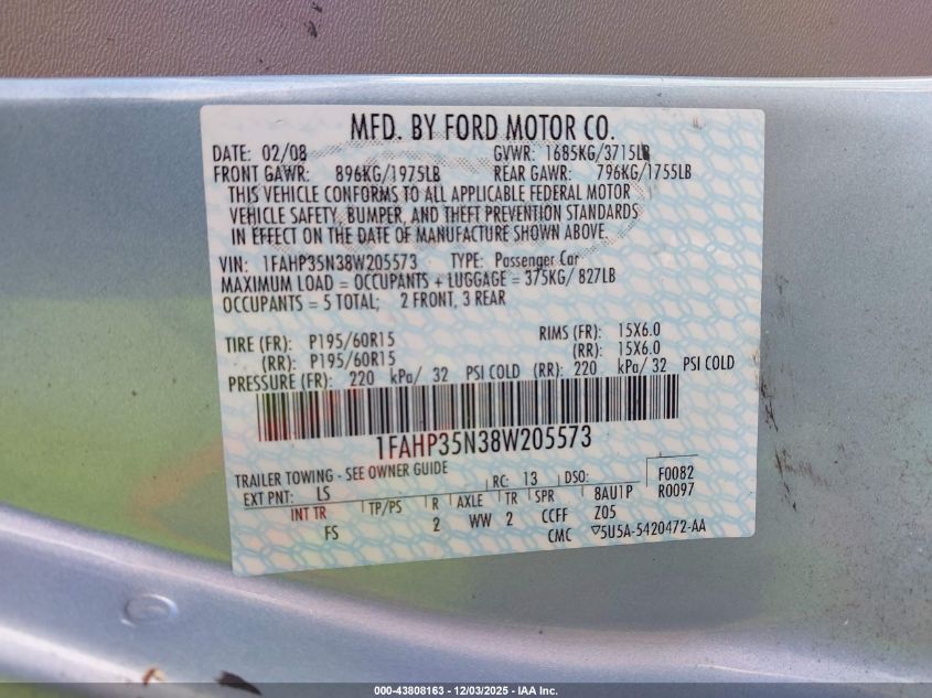 2008 Ford Focus Se/Ses VIN: 1FAHP35N38W205573 Lot: 43808163