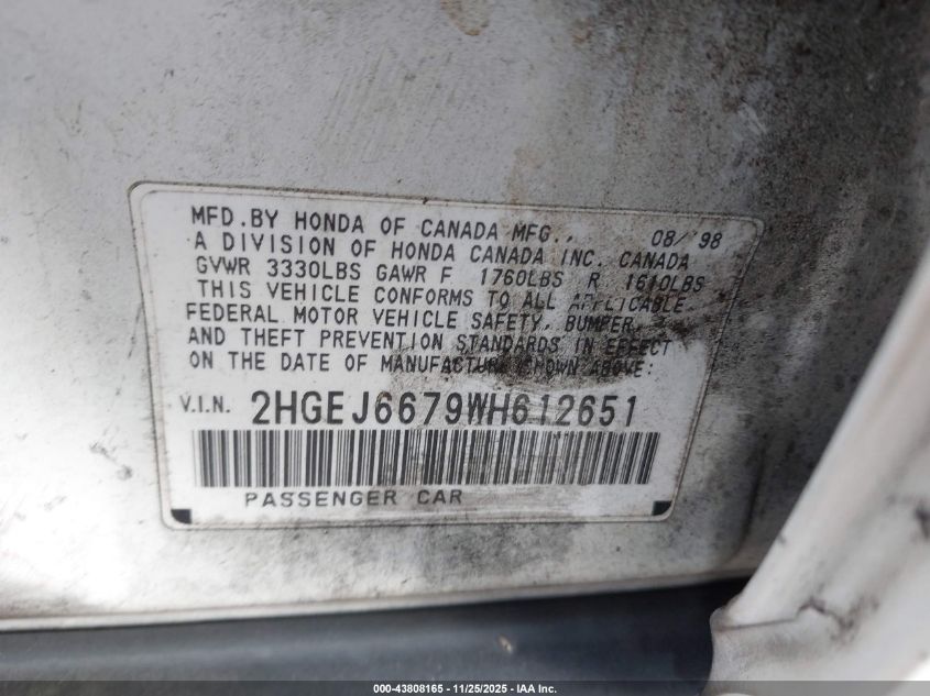 1998 Honda Civic Lx VIN: 2HGEJ6679WH612651 Lot: 43808165