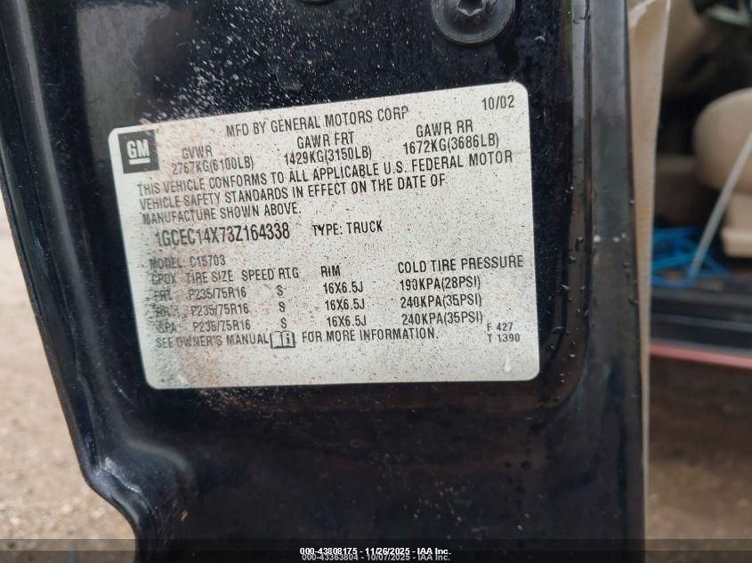 2003 Chevrolet Silverado 1500 VIN: 1GCEC14X73Z164338 Lot: 43808175