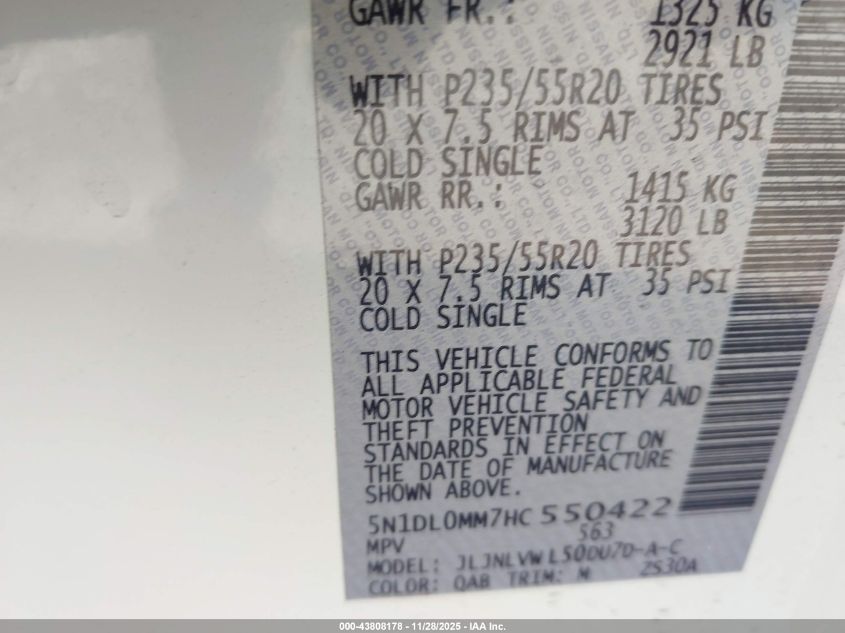 2017 Infiniti Qx60 VIN: 5N1DL0MM7HC550422 Lot: 43808178