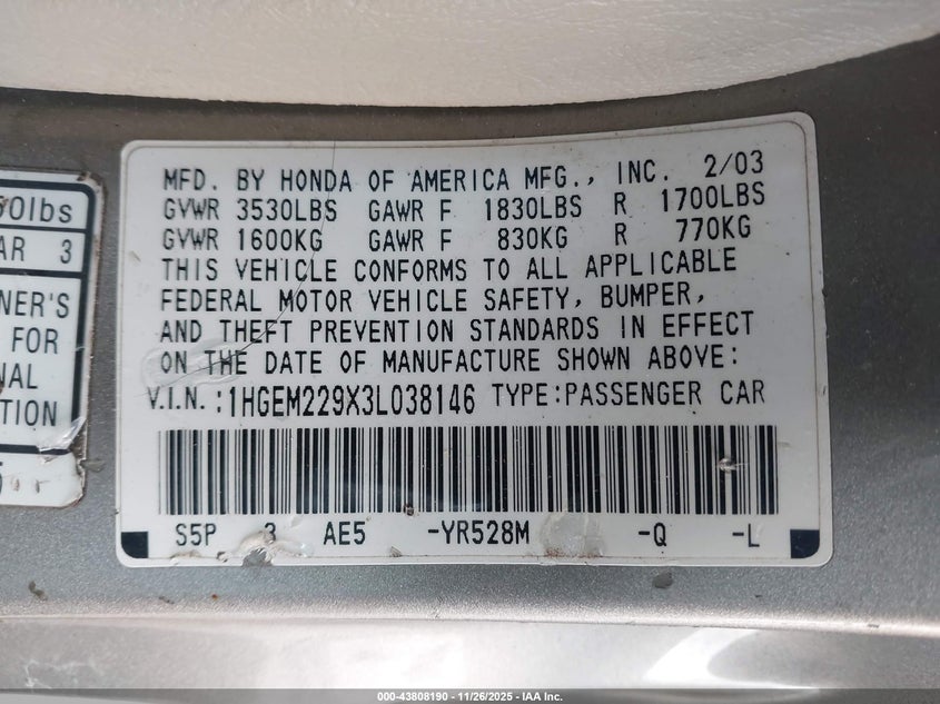 2003 Honda Civic Ex VIN: 1HGEM229X3L038146 Lot: 43808190