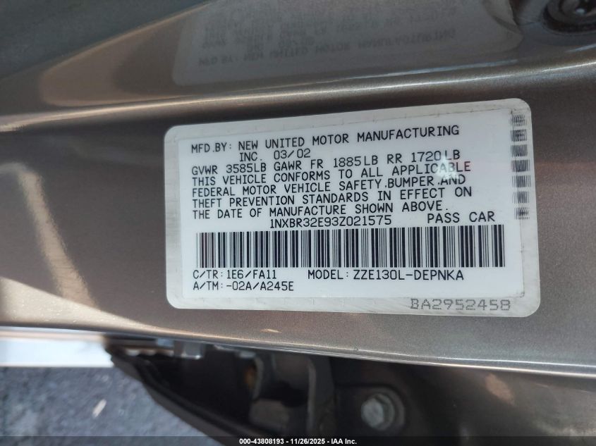 2003 Toyota Corolla Le VIN: 1NXBR32E93Z021575 Lot: 43808193