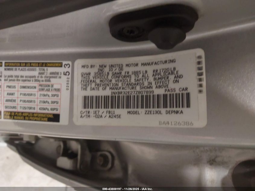 2007 Toyota Corolla Le VIN: 1NXBR32E27Z807899 Lot: 43808197