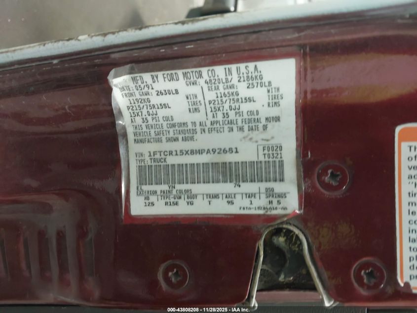 1991 Ford Ranger Super Cab VIN: 1FTCR15X8MPA92681 Lot: 43808208