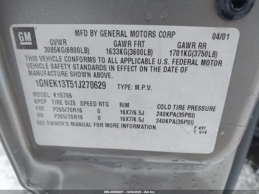 2001 Chevrolet Tahoe Lt VIN: 1GNEK13T51J270629 Lot: 43808207