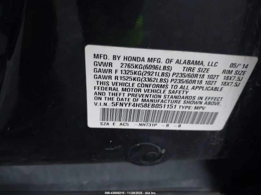 2014 Honda Pilot Ex-L VIN: 5FNYF4H58EB051151 Lot: 43808210