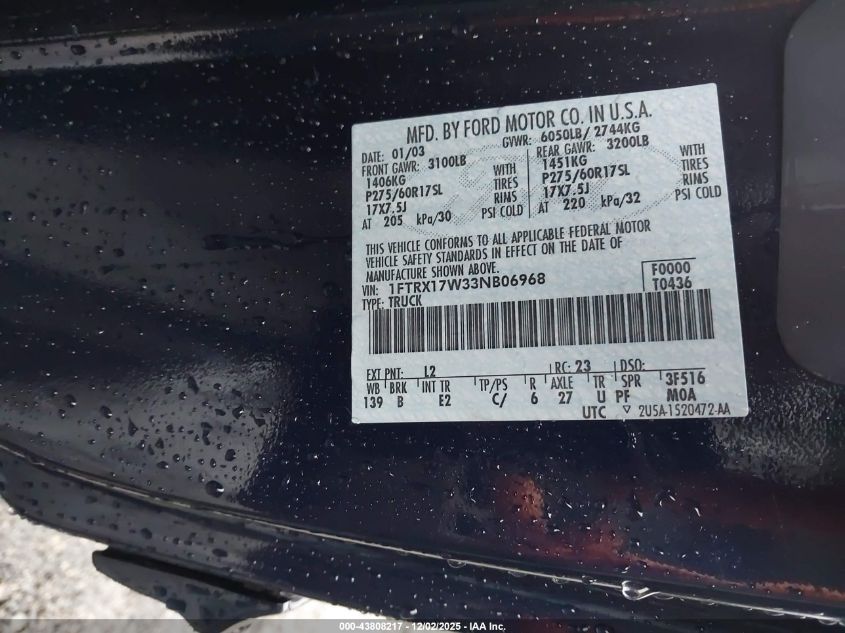 2003 Ford F-150 Lariat/Xl/Xlt VIN: 1FTRX17W33NB06968 Lot: 43808217