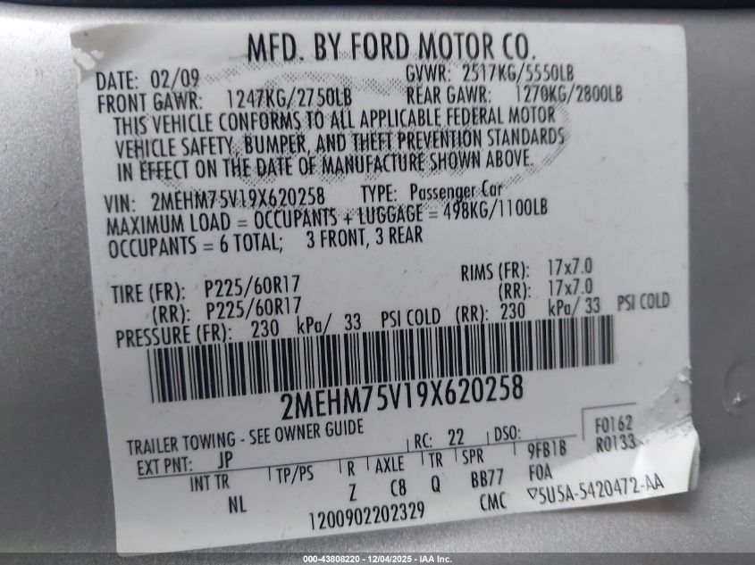 2009 Mercury Grand Marquis Ls (Fleet Only) VIN: 2MEHM75V19X620258 Lot: 43808220