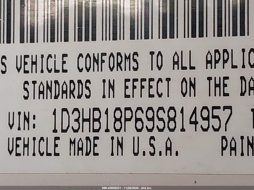 2009 Dodge Ram 1500 Slt/Sport/Trx VIN: 1D3HB18P69S814957 Lot: 43808231