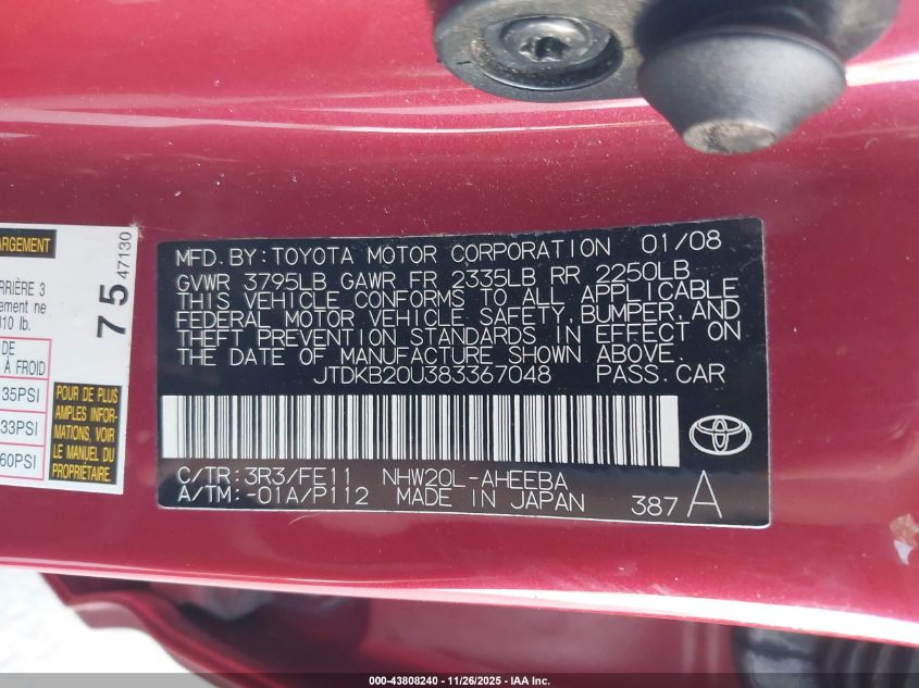 2008 Toyota Prius VIN: JTDKB20U383367048 Lot: 43808240