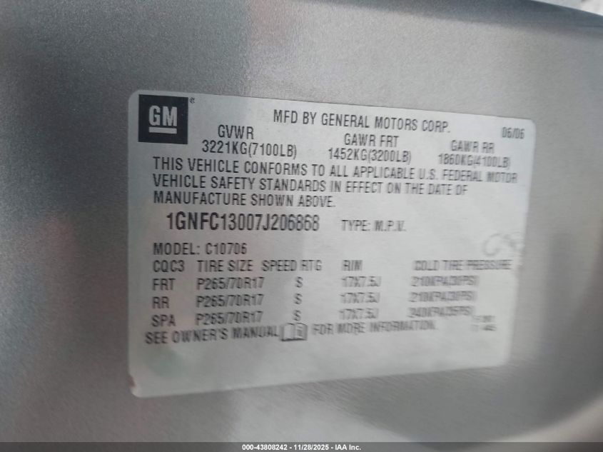 2007 Chevrolet Tahoe Lt VIN: 1GNFC13007J206868 Lot: 43808242