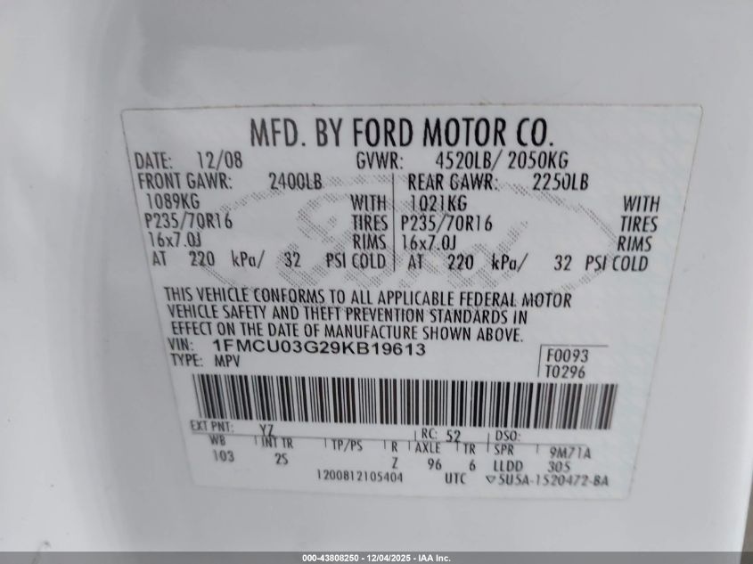 2009 Ford Escape Xlt VIN: 1FMCU03G29KB19613 Lot: 43808250