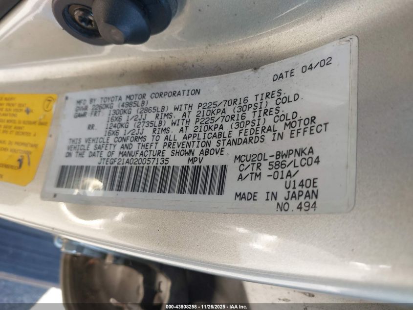 2002 Toyota Highlander Limited V6 VIN: JTEGF21A020057135 Lot: 43808258