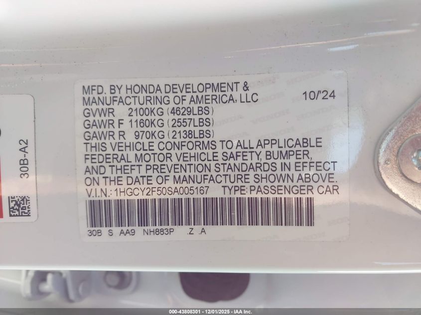2025 Honda Accord Hybrid Sport VIN: 1HGCY2F50SA005167 Lot: 43808301