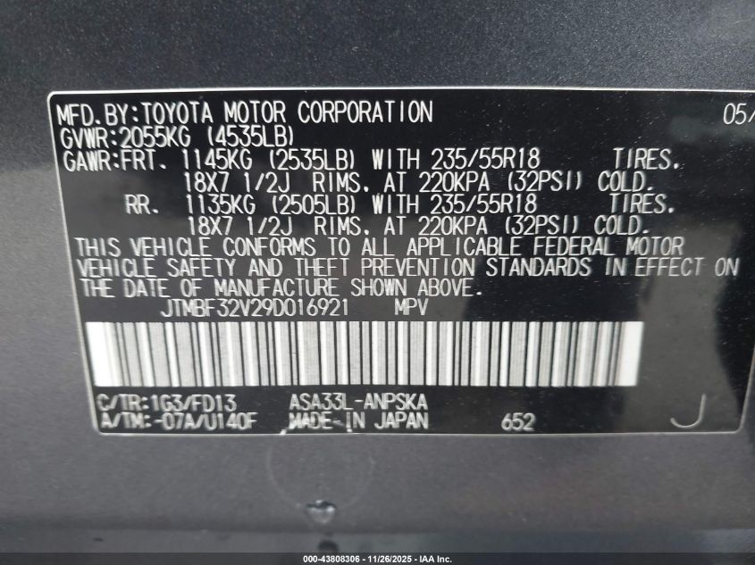 2009 Toyota Rav4 Sport VIN: JTMBF32V29D016921 Lot: 43808306