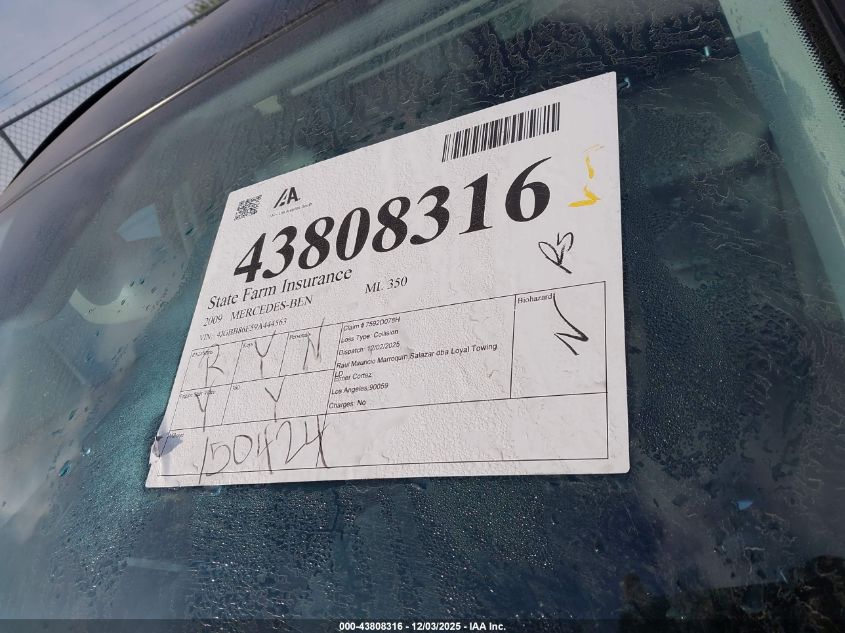 2009 Mercedes-Benz Ml 350 4Matic VIN: 4JGBB86E59A444563 Lot: 43808316