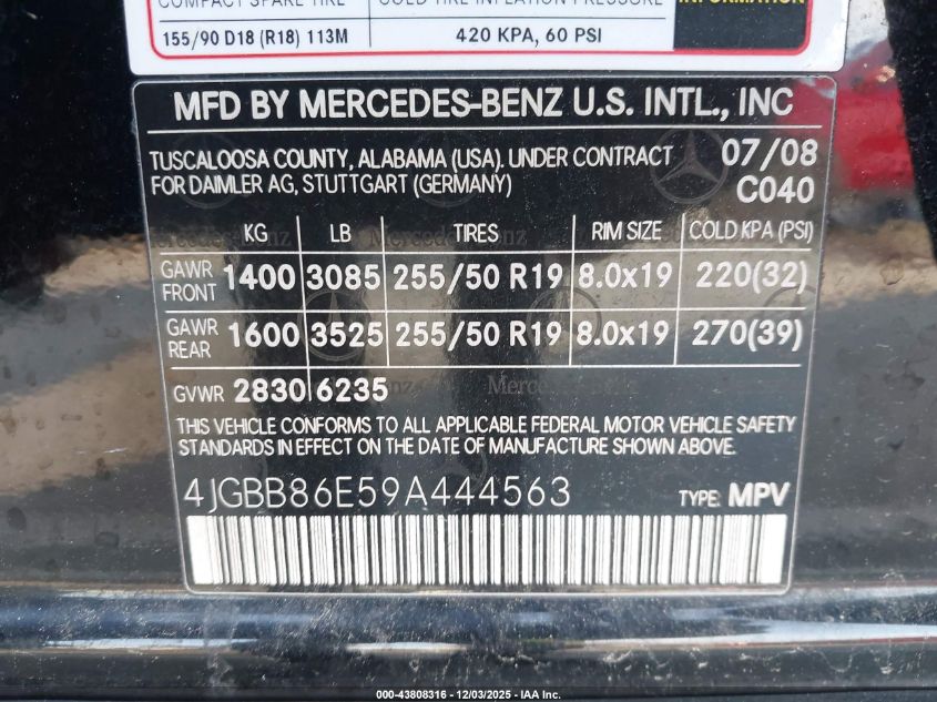 2009 Mercedes-Benz Ml 350 4Matic VIN: 4JGBB86E59A444563 Lot: 43808316