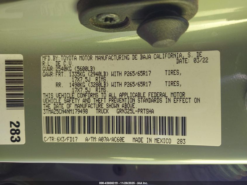 2022 Toyota Tacoma Trd Sport VIN: 3TMAZ5CN4NM179498 Lot: 43808319