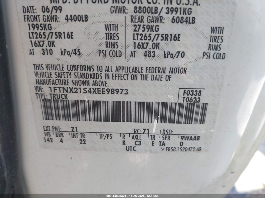 1999 Ford F-250 Lariat/Xl/Xlt VIN: 1FTNX21S4XEE98973 Lot: 43808321