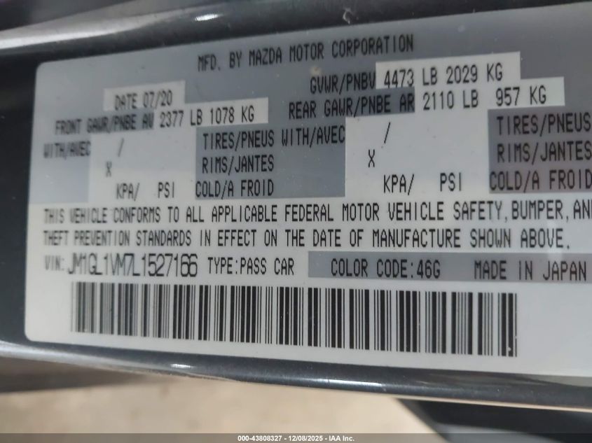 2020 Mazda Mazda6 Touring VIN: JM1GL1VM7L1527166 Lot: 43808327