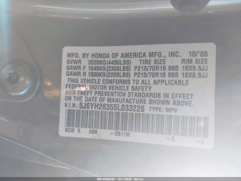 2005 Honda Element Lx VIN: 5J6YH28355L033226 Lot: 43808329