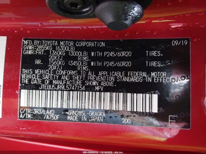 2020 Toyota 4Runner Limited VIN: JTEBU5JR9L5747154 Lot: 43808332
