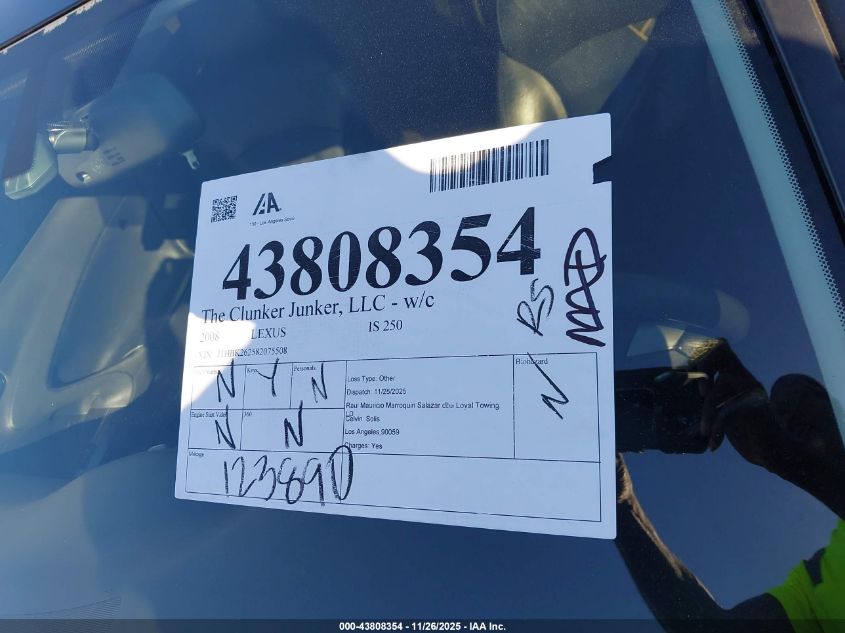 2008 Lexus Is 250 VIN: JTHBK262582075508 Lot: 43808354