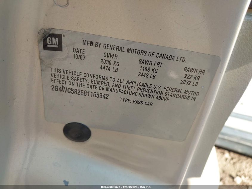 2008 Buick Lacrosse Cx VIN: 2G4WC582681165342 Lot: 43808373