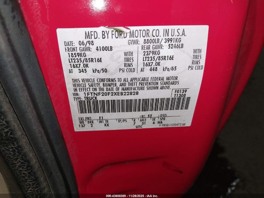 1999 Ford F-250 Lariat/Xl/Xlt VIN: 1FTNF20F2XEB22828 Lot: 43808389