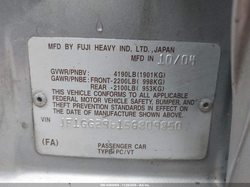 2005 Subaru Impreza Wrx VIN: JF1GG29615G809850 Lot: 43808404