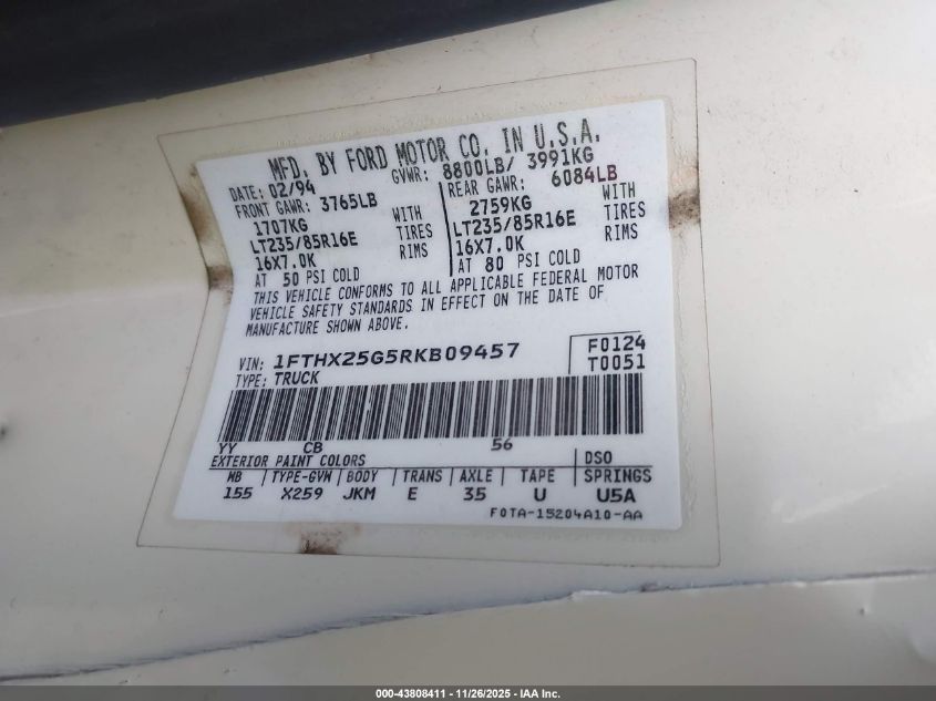 1994 Ford F250 VIN: 1FTHX25G5RKB09457 Lot: 43808411