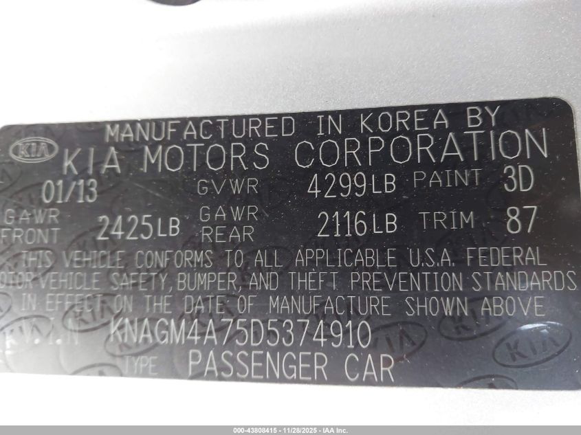 2013 Kia Optima Lx VIN: KNAGM4A75D5374910 Lot: 43808415