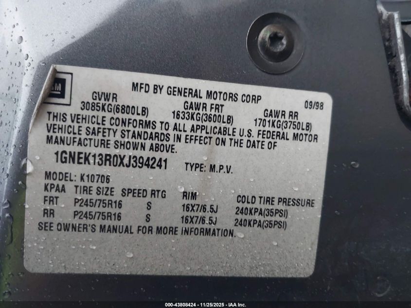 1999 Chevrolet Tahoe Ls VIN: 1GNEK13R0XJ394241 Lot: 43808424