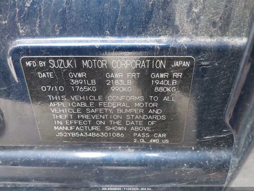 2011 Suzuki Sx4 Premium/Tech Valu Pkg (Nav) VIN: JS2YB5A34B6301086 Lot: 43808428