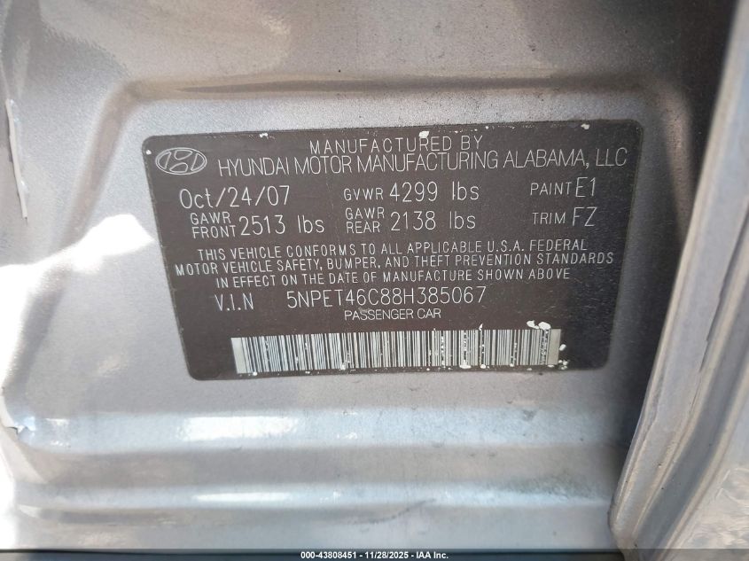 2008 Hyundai Sonata Gls VIN: 5NPET46C88H385067 Lot: 43808451