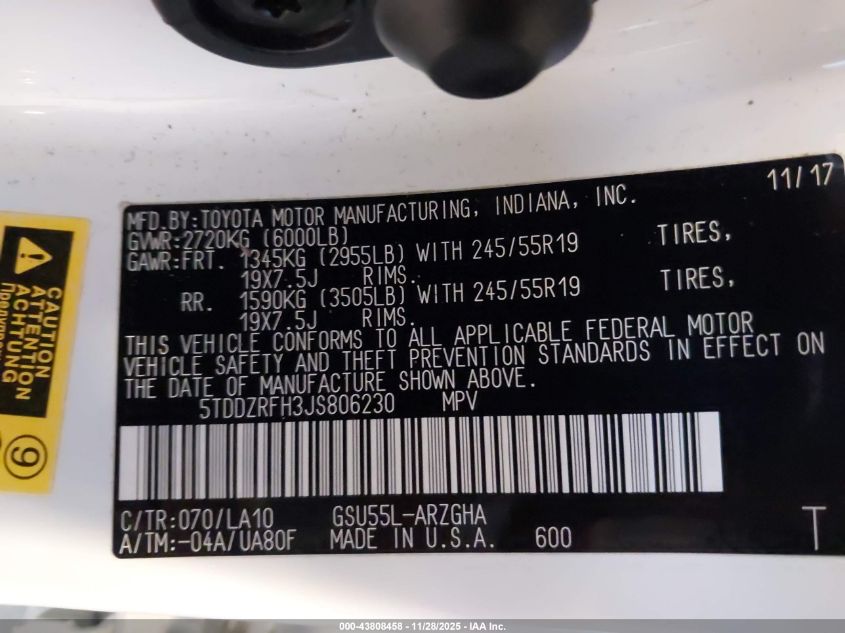 2018 Toyota Highlander Limited VIN: 5TDDZRFH3JS806230 Lot: 43808458